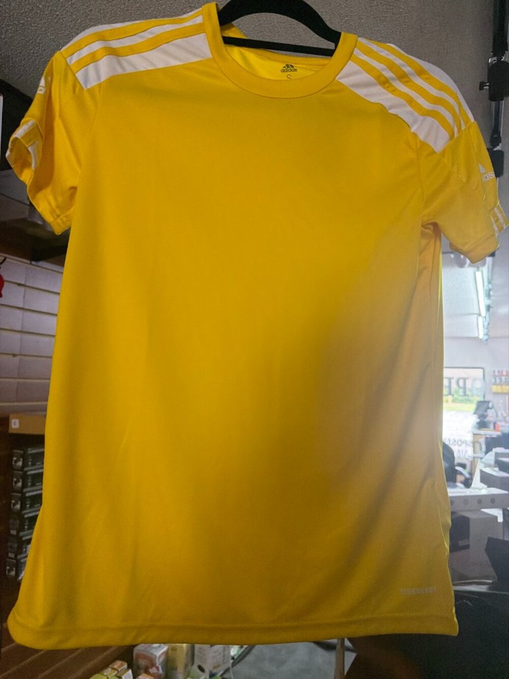 adidas Aeroready Girls T-Shirt Yellow White Stripes Youth Small